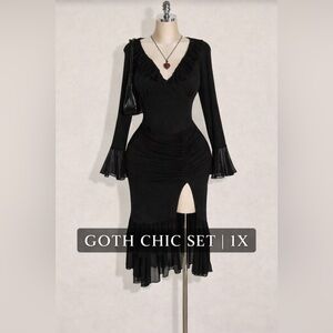 Black Ruffle Bodycon 2 Piece Set - Size 1X Goth Chic Ruched Slit Party Outfit